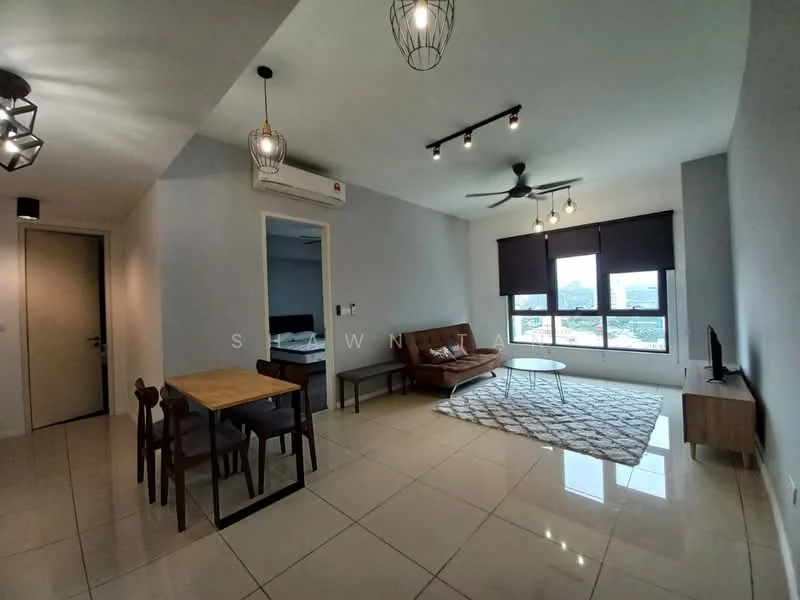 Living features: grey painted walls, glossy tile flooring, 5-blade ceiling fan with light, recessed LED downlights, sofa in brown leather, coffee table, TV console, wall-mounted TV, area rug with geometric pattern, dining table for 4, floor-to-ceiling windows, blackout curtains; style: modern; view: city.
