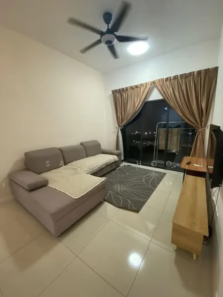 Living features: 3-seater fabric sofa in grey, area rug with floral pattern, wall-mounted TV, wooden TV console, ceiling fan with light, floor-to-ceiling windows, curtains in beige, glossy tile flooring, decorative wall with no visible features; style: modern; view: city.