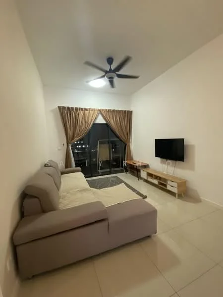 Living features: 3-seater fabric sofa in light grey, ceiling fan, floor-to-ceiling windows, curtains in beige, wall-mounted TV, TV console in white with wooden legs, area rug, tile flooring, neutral painted walls; style: modern; view: city.
