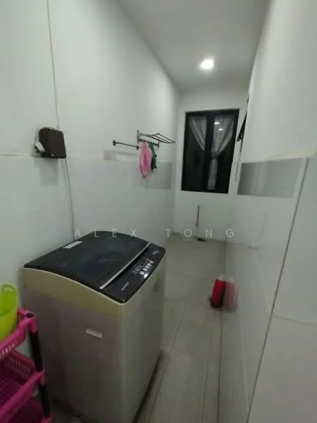 Laundry features: top-load washing machine, grey tiled flooring, white painted walls, hanging clothes rack, black framed window, LED ceiling light, pink storage cart, plastic laundry basket; style: modern.
