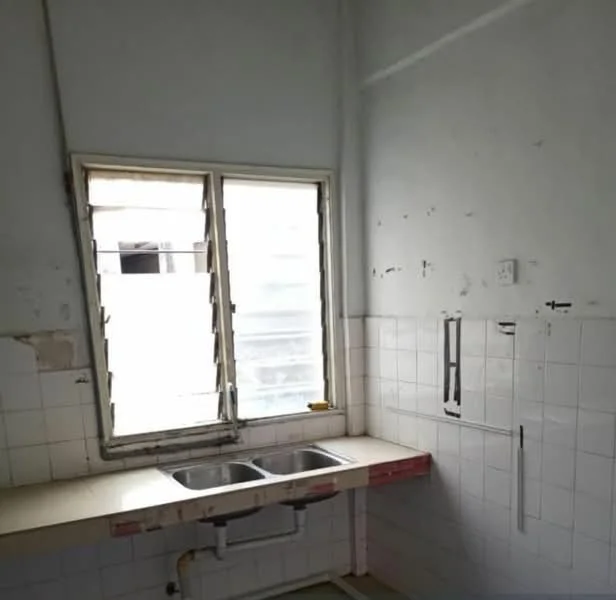 Kitchen features: double-bowl stainless-steel sink, chrome faucet, white tiled backsplash, white tiled walls, laminate countertop, window with louvered design, exposed plumbing, flooring not visible.