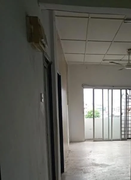 Room features: white painted walls, plain ceiling with tiles, concrete flooring, sliding glass door, floor-to-ceiling windows, ceiling fan; style: minimalist; view: city.