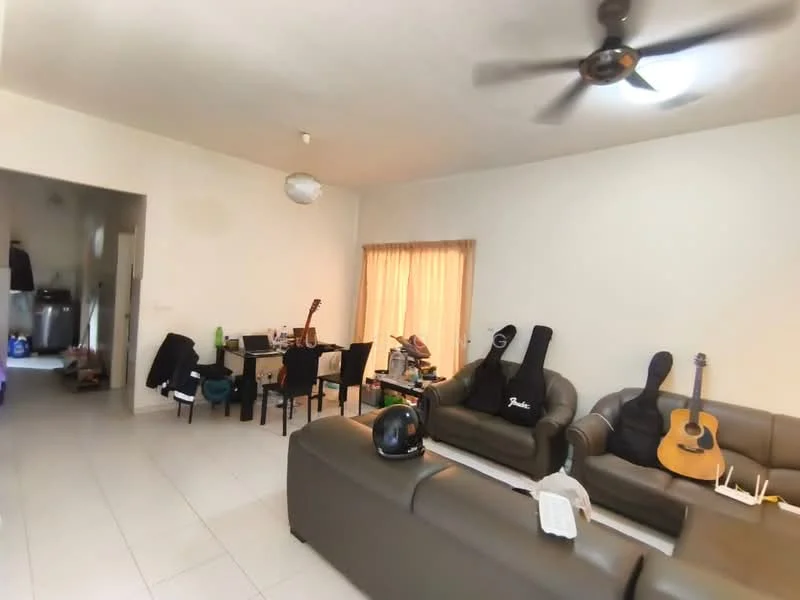Living features: light-coloured painted walls, white ceiling, 5-blade ceiling fan with light, two brown leather sofas, coffee table, area rug, floor-to-ceiling window with sheer curtains, guitar, guitar stand, dining table with black chairs, decorative light fixture; style: modern. Room features: white walls, tile flooring, doorway leading to another room.