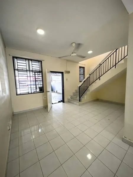 Room features: white painted walls, ceramic tile flooring, ceiling fan, staircase with metal railing, large windows with black frames, door leading to another room, air conditioning unit, neutral color scheme; style: modern.