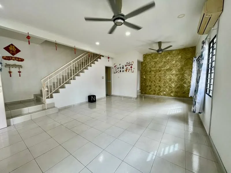 Living features: white painted walls, gold accent wall with textured pattern, ceramic tile flooring, 5-blade ceiling fan, recessed downlights, large windows with sheer curtains, staircase with white railing, decorative wall hangings, air conditioning unit; style: modern.