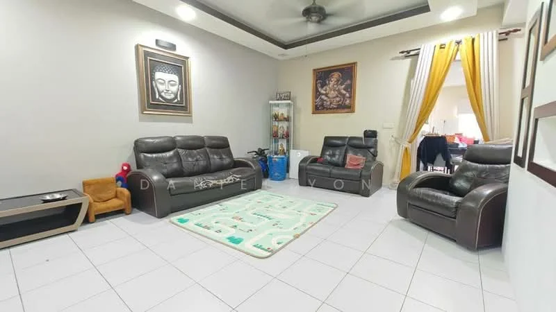 Living features: 3-seater leather sofa in dark brown, 2-seater leather sofa in dark brown, single armchair in dark brown, coffee table, area rug with children's design, wall-mounted artwork with Buddha, framed artwork with Hindu deity, white painted walls, ceiling fan with light, recessed lighting, curtains in yellow fabric, tile flooring in white; style: modern.