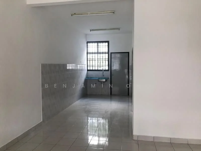 Room features: white painted walls, glossy ceramic tile flooring, single-bowl stainless-steel sink, window with grid pattern, door with black frame, fluorescent ceiling lights, grey tiled backsplash, open layout; style: minimalist.