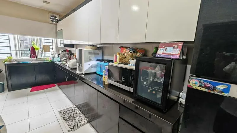 Kitchen features: black cabinetry, white countertops, stainless-steel microwave, stainless-steel fridge, built-in oven, ceramic tile flooring, double-bowl stainless-steel sink, chrome pull-down faucet, kitchen towel rack, open shelving, decorative basket, area rug, window with sheer curtains; style: modern.