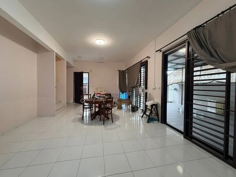 Living features: white painted walls, glossy white tile flooring, ceiling fan, dining table with chairs, sliding glass doors, curtains, open layout, natural light from windows; style: modern; view: garden.