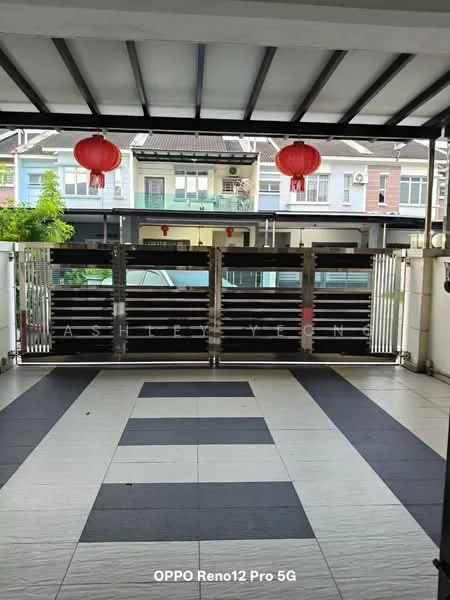 Exterior type: linked terrace house; features: covered car porch, black and white tiled flooring, metal gate, decorative red lanterns, surrounding greenery, two-storey houses in background; style: modern.