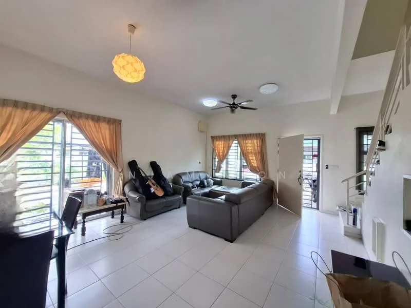 Living features: grey leather sofa, 3-seater sofa, 2-seater sofa, ceiling fan, pendant light, floor-to-ceiling windows, sheer curtains, white painted walls, tile flooring, coffee table, guitar, dining table, door leading outside; style: modern; view: garden.