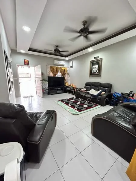Living features: 2-seater leather sofa in black, 3-seater leather sofa in black, coffee table, wall-mounted TV, area rug with geometric pattern, ceiling fan with light, recessed downlights, white painted walls, tile flooring, decorative wall art, curtains, open doorway, air conditioning unit; style: modern.