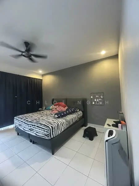 Bedroom features: king-size bed with striped bedding, upholstered headboard, 2 bedside lamps, ceiling fan, white tiled flooring, grey accent wall, black curtains, nightstand, air conditioning unit; style: modern.