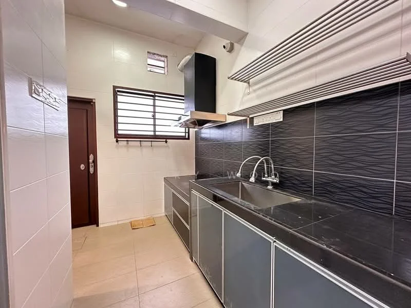Kitchen features: black granite countertop, double-bowl stainless-steel sink, chrome pull-down faucet, black cabinetry with flat-panel doors, white tiled walls, grey tiled flooring, extraction hood, window with horizontal slats, door leading to outside, open shelving above countertop; style: modern.