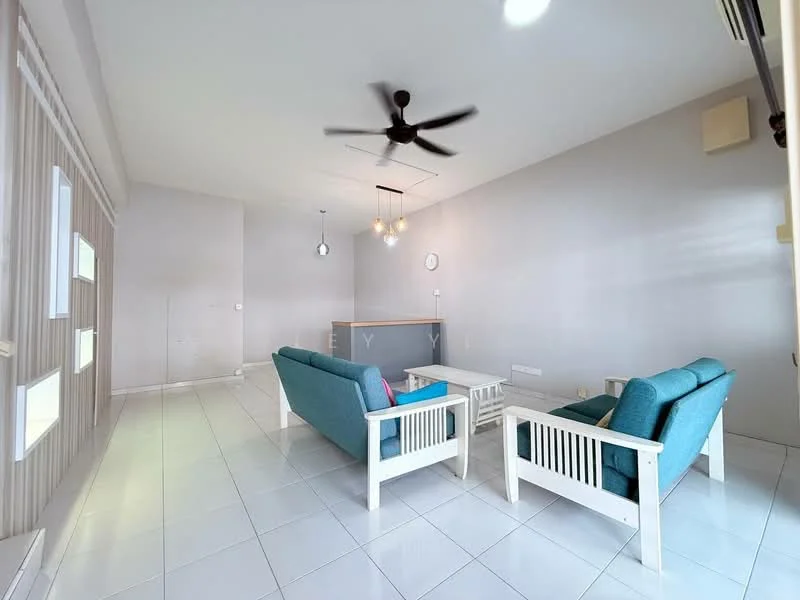 Living features: white tiled flooring, light grey painted walls, ceiling fan with light, two 3-seater sofas in teal, wooden coffee table, wall-mounted clock, pendant lighting, open layout, large windows with sheer curtains; style: modern.