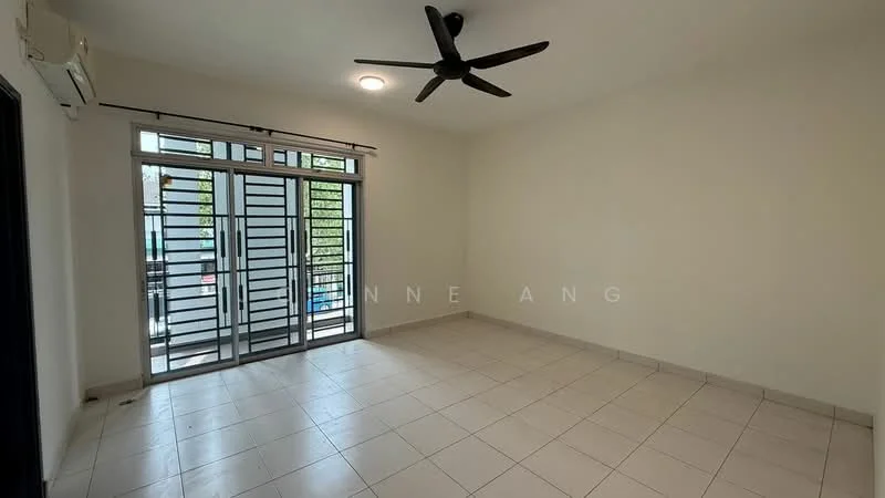 Living features: white painted walls, tile flooring, 5-blade ceiling fan, sliding glass door, floor-to-ceiling windows, natural light from windows, air conditioning unit, balcony access; style: modern; view: garden.