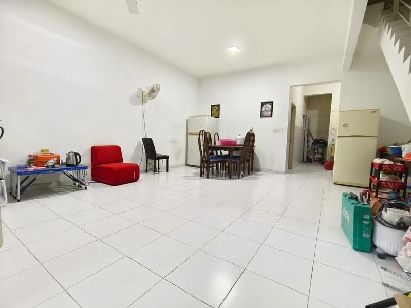 Living features: white painted walls, white tiled flooring, ceiling fan, red fabric armchair, black dining table with four chairs, refrigerator, kitchenette area, open layout, decorative wall art, multiple storage boxes.