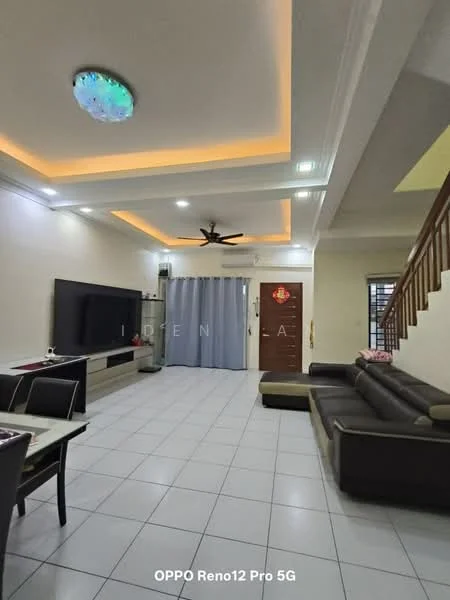 Living features: white painted walls, tray ceiling with recessed lighting, 5-blade ceiling fan with light, large flat-screen TV on wall, dark leather sectional sofa, glass dining table with black chairs, ceramic tile flooring, decorative ceiling light, wooden staircase, window with grille, wall-mounted cabinet; style: modern.