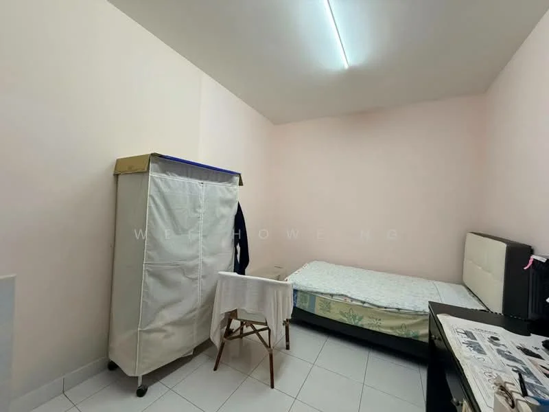 Bedroom features: single bed, light pink painted walls, white tiled flooring, ceiling light fixture, wardrobe with fabric cover, wooden chair, black dresser, bedside table.