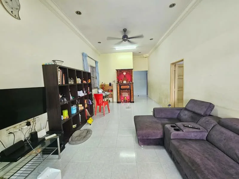 Living features: grey L-shape sectional sofa, flat-screen TV on stand, black TV console, white tiled flooring, cream painted walls, ceiling fan, decorative wall shelf, dining table with chairs, small area rug, window with sheer curtains; style: modern.