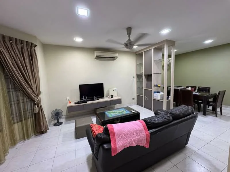 Living features: black leather sofa, coffee table with glass top, wall-mounted TV, TV console in light wood, 5-blade ceiling fan with light, recessed LED downlights, cream painted walls, white tiled flooring, curtains in beige, air conditioning unit on wall, decorative wall shelving, dining table with chairs visible in background; style: modern.