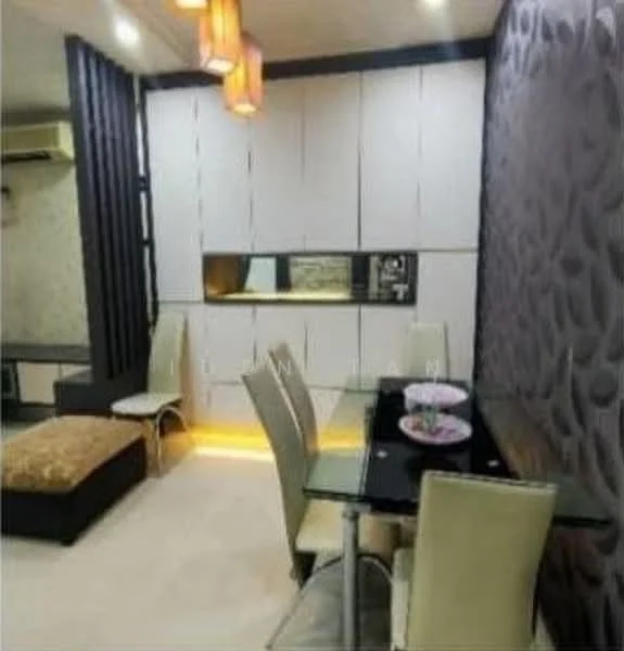 Dining features: glass dining table, 4 upholstered dining chairs, decorative wall with textured pattern, white cabinetry with integrated lighting, pendant lighting fixtures, cream carpet flooring, wall-mounted air conditioning unit, neutral wall color; style: modern.