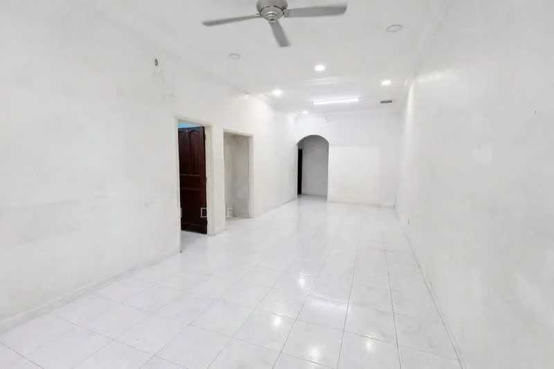 Room features: white painted walls, glossy white tile flooring, 5-blade ceiling fan, recessed downlights, arched doorway, multiple entry points, open layout, neutral color scheme; style: minimalist.