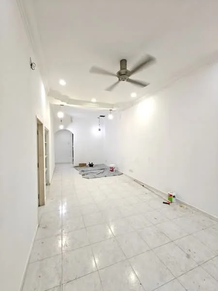 Room features: white painted walls, marble tile flooring, 5-blade ceiling fan, recessed downlights, pendant lights, unfinished flooring area, paint cans visible, drop cloth on floor.