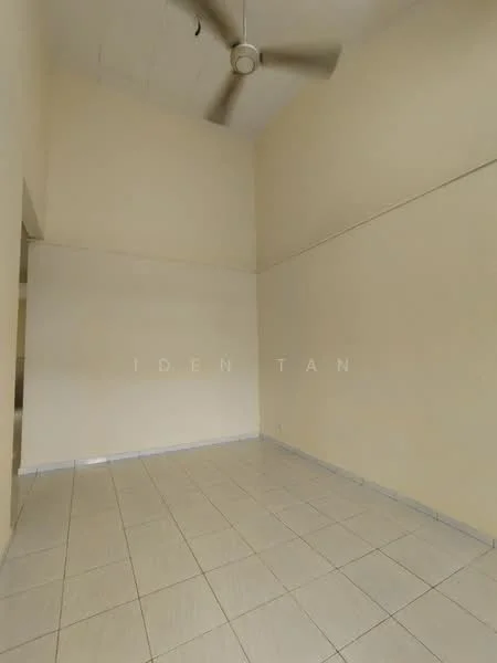 Room features: cream painted walls, tile flooring, high ceiling, 5-blade ceiling fan, no visible windows, empty space.