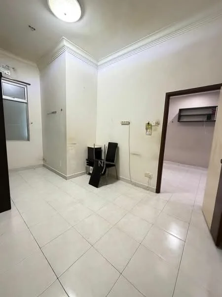 Room features: white painted walls, white ceiling with crown moulding, tile flooring, single window, two black chairs, light fixture on ceiling, built-in shelving unit, doorway leading to another room; style: modern.