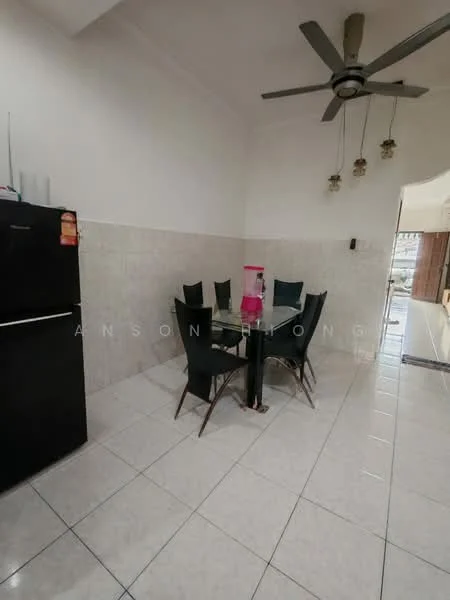 Dining features: glass dining table, 6 upholstered dining chairs in black, white tiled flooring, white painted walls, ceiling fan with light, pendant lights, black fridge, wall-mounted light switch; style: modern.