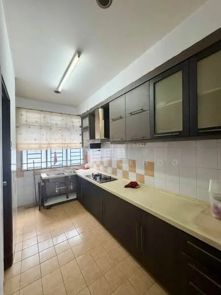 Kitchen features: laminate countertop, dark wood cabinetry with glass-front upper cabinets, single-bowl stainless-steel sink, chrome pull-down faucet, ceramic tile backsplash, built-in gas hob, exhaust hood, window with sheer curtains, tile flooring, recessed ceiling lights; style: modern.