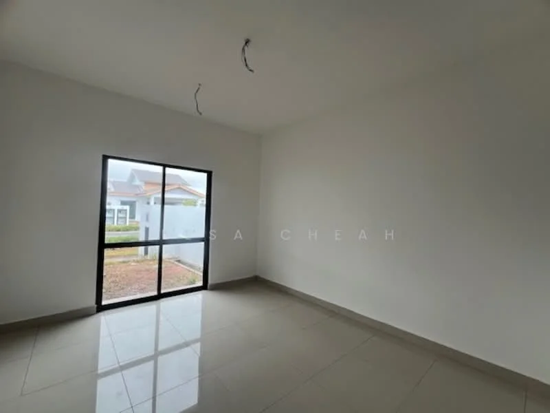 Room features: white painted walls, grey tile flooring, floor-to-ceiling windows, natural light from window, two exposed ceiling wires; style: modern; view: garden.