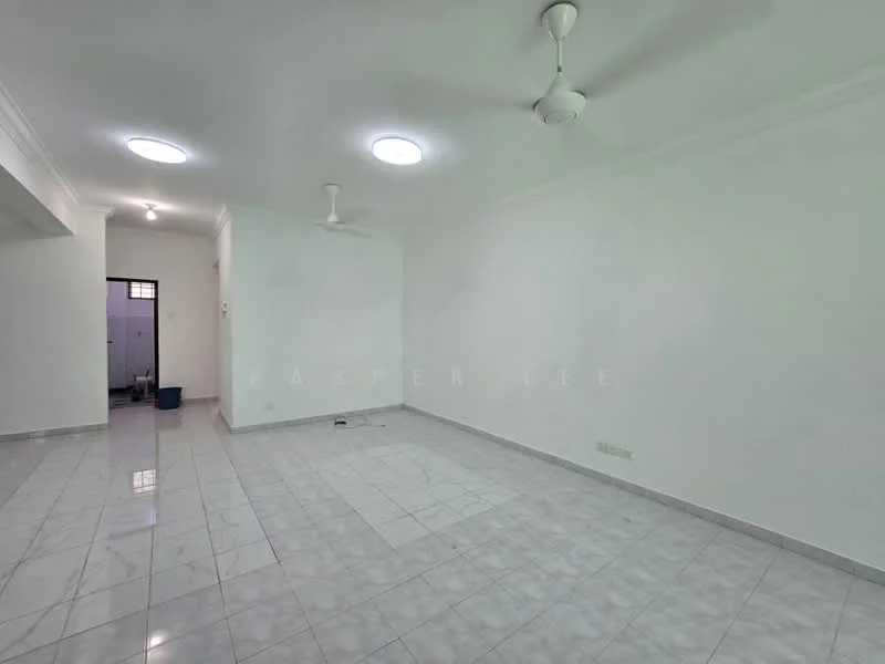 Living features: white painted walls, glossy white ceiling, 2 ceiling fans, marble tile flooring, recessed downlights, floor-to-ceiling windows, open layout, neutral color scheme; style: modern.
