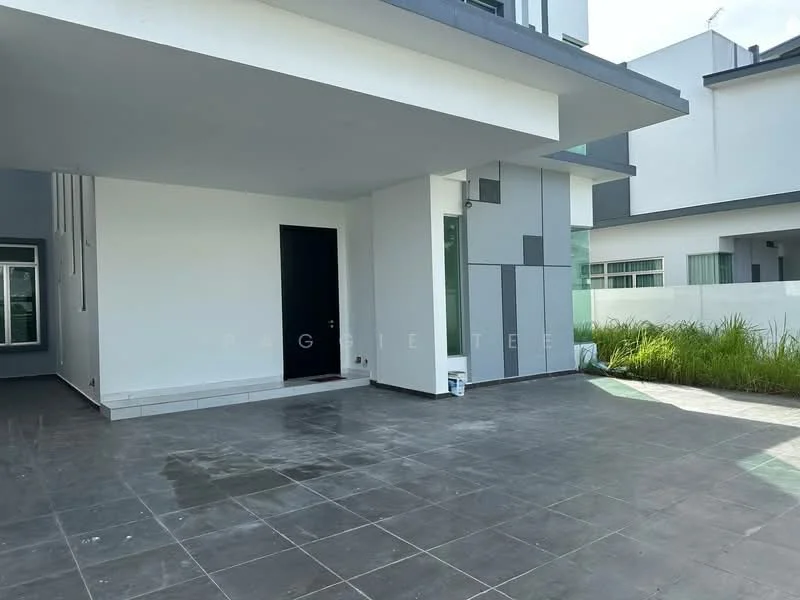 Exterior type: detached bungalow; features: grey tiled flooring, white painted facade, glass windows, manicured lawn, covered porch area, modern architectural design, concrete wall, sliding glass door, outdoor space, landscaped garden; style: modern.