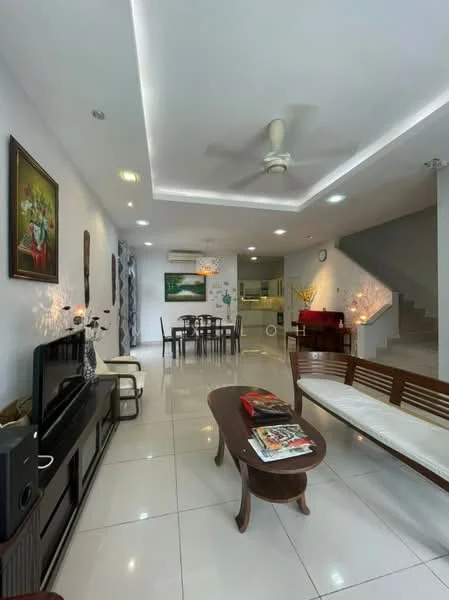 Living features: white painted walls, recessed ceiling with LED lighting, 5-blade ceiling fan with light, glossy white tile flooring, wooden coffee table, 2-seater wooden sofa, decorative wall art, TV console, wall-mounted TV, dining table with chairs in background, staircase leading to upper floor; style: modern.
