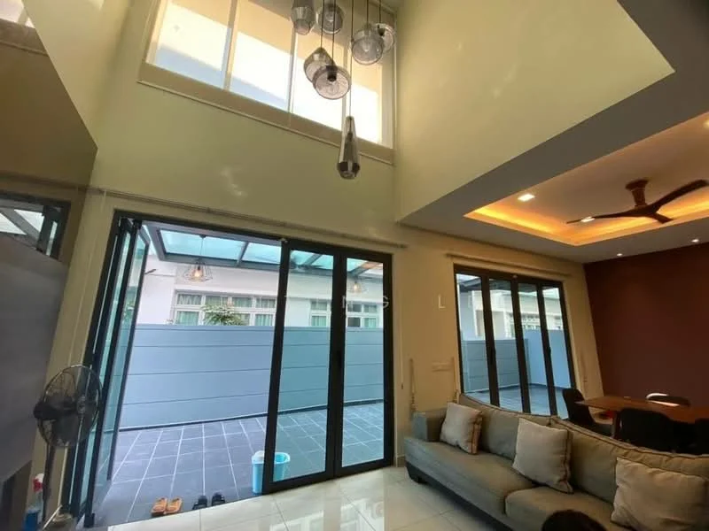 Living features: sofa in light grey fabric, coffee table, floor-to-ceiling windows, sliding glass door, ceiling fan with light, recessed LED downlights, wall-mounted TV, decorative wall with dark brown paint, white painted walls, tile flooring, open layout to dining area, view of outdoor space; style: modern; view: garden.
