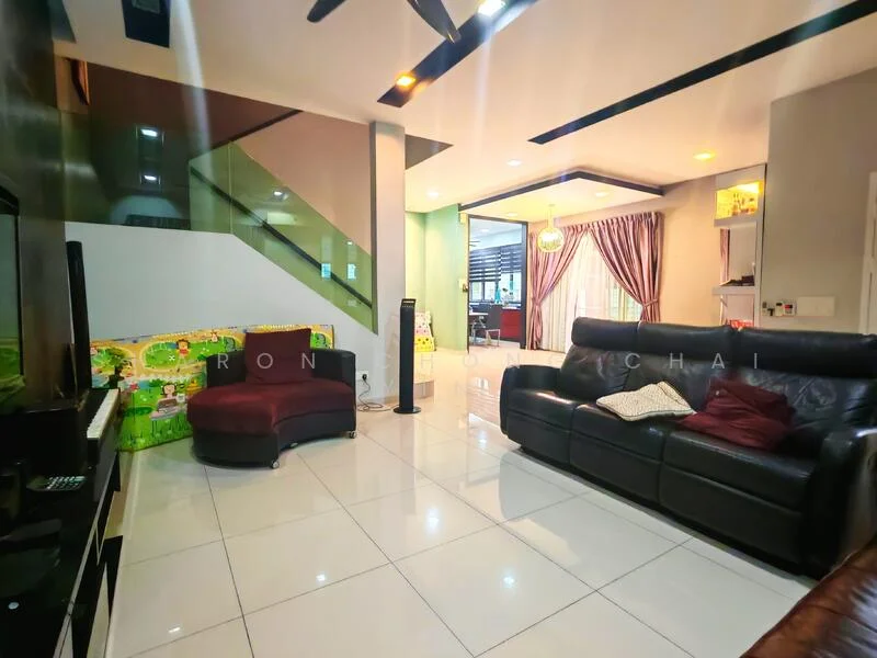 Living features: black leather sofa, 2-seater fabric sofa in burgundy, coffee table, TV console, wall-mounted TV, white tiled flooring, recessed downlights, ceiling fan, large windows with curtains, decorative wall with green accents, open layout to dining area, staircase visible in background; style: modern.