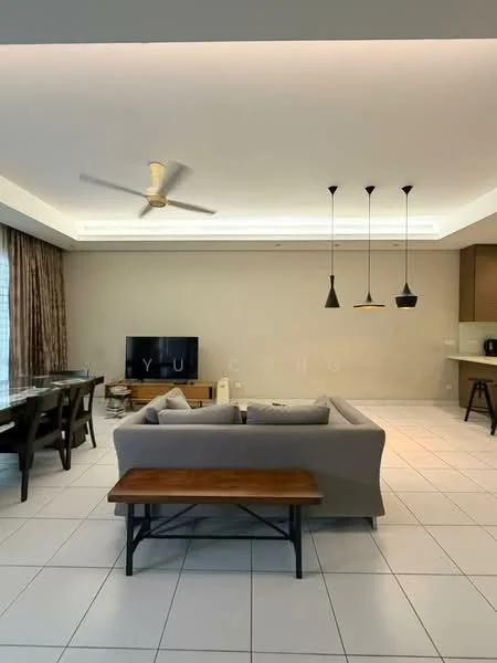 Living features: 3-seater fabric sofa in light grey, wooden coffee table, TV console with wall-mounted TV, dining table for 6 with upholstered chairs, ceiling fan with 5 blades, recessed LED downlights, pendant lights above dining area, floor-to-ceiling curtains, white tiled flooring, cream painted walls, open layout with kitchen visible in background; style: modern.
