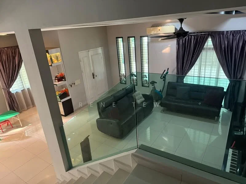 Living features: grey fabric sofa, coffee table, floor-to-ceiling windows, sheer curtains, ceiling fan, light-colored walls, tile flooring, decorative wall with shelves; style: modern. Room features: green play mat, white walls, natural light from windows.