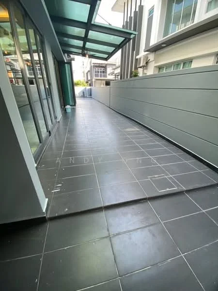 Exterior features: grey tiled flooring, glass canopy, sliding glass doors, grey wall panels, narrow walkway, surrounding walls, outdoor space; style: modern.