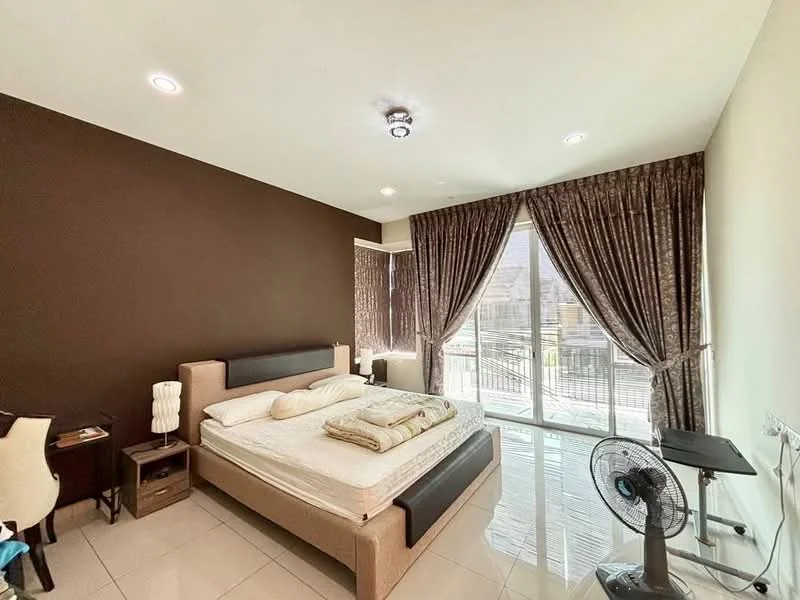 Bedroom features: king-size bed, upholstered headboard, bedside table, table lamp, floor-to-ceiling windows, curtains with floral pattern, wall-mounted fan, cream tiled flooring, dark brown accent wall, recessed downlights, study desk; style: modern.