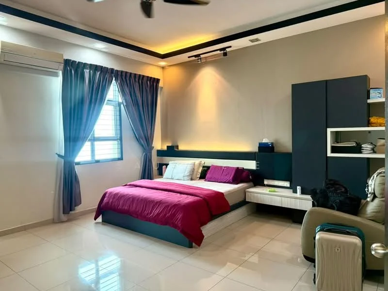 Bedroom features: queen-size bed with purple bedding, upholstered headboard, bedside table, built-in wardrobe, floor-to-ceiling window with sheer curtains, wall-mounted air conditioning unit, recessed lighting, light-colored wall with accent lighting, white tiled flooring, decorative wall shelf; style: modern.