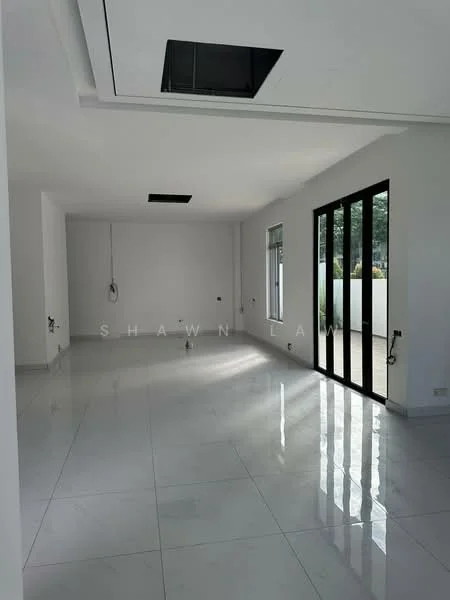 Room features: white painted walls, polished ceramic tile flooring, large floor-to-ceiling windows, sliding glass door, recessed ceiling lights, ceiling with air conditioning vent, outdoor view, neutral color palette; style: modern; view: garden.