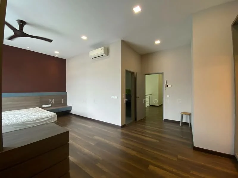 Bedroom features: wooden flooring, white painted walls, dark accent wall, 5-blade ceiling fan, wall-mounted split AC, queen-size bed, built-in wardrobe, doorway leading to hallway, small stool; style: modern.