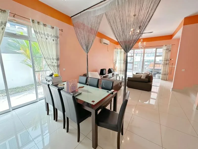 Living features: cream painted walls, white tiled flooring, 5-blade ceiling fan with light, chandelier, floor-to-ceiling windows, sliding glass door, sheer curtains, blackout curtains, dining table with 6 chairs, sofa in beige, decorative wall, air conditioning unit; style: modern; view: garden.