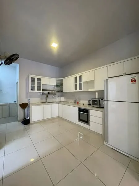 Kitchen features: white cabinetry, stainless-steel fridge, built-in oven, ceramic tile flooring, white countertop, microwave, kitchen sink, glass-front upper cabinets, 5-blade ceiling fan, recessed downlights, tile backsplash, open shelving; style: modern.
