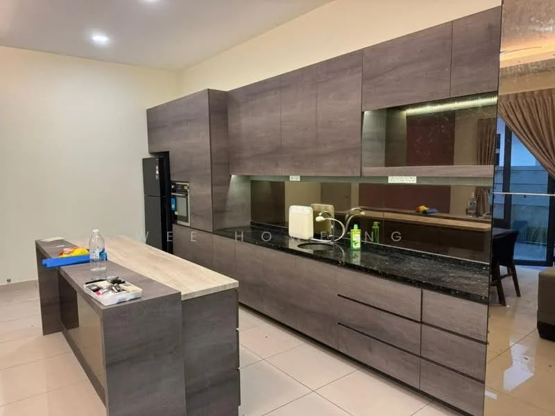 Kitchen features: dark wood cabinetry, black granite countertop, single-bowl stainless-steel sink, chrome pull-down faucet, built-in oven, stainless-steel fridge, ceramic tile flooring, recessed downlights, open shelving, kitchen island with seating, mirror backsplash, wall-mounted cabinets; style: modern.