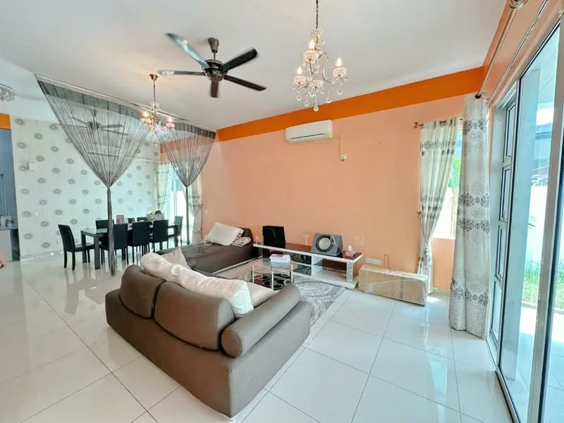 Living features: 3-seater fabric sofa in grey, white cushions, coffee table, area rug, ceiling fan with light, chandelier, floor-to-ceiling windows, sliding glass door, cream painted walls, white tiled flooring, decorative curtains, TV console, wall-mounted TV; style: modern; view: garden. Dining features: 6-seater dining table, black dining chairs, decorative wall with patterned wallpaper; style: modern.