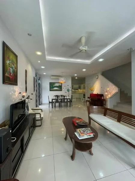 Living features: white painted walls, glossy white tile flooring, tray ceiling with recessed lighting, 5-blade ceiling fan with light, wall-mounted TV, black TV console, wooden coffee table, 2-seater wooden sofa, decorative wall art, area rug, dining table with chairs visible in background; style: modern.